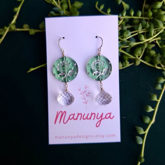 Dangle Flower Earrings - Blue, Green, Purple - Picture 5 of 13